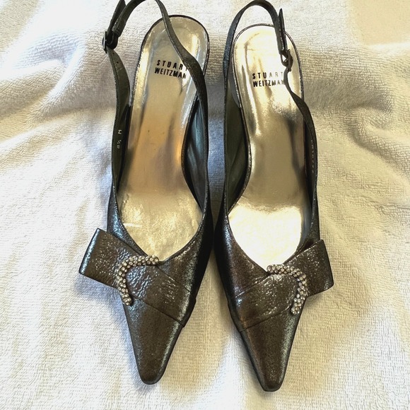 Stuart Weitzman Retro Glam Rhinestone Bow Slingback Heels Women's 8 ½ M - Picture 1 of 11